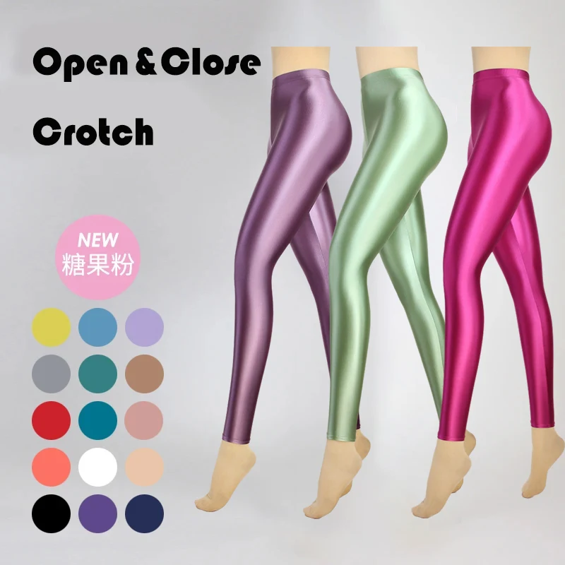 

Open &close crotch Glossy sexy satin tight pants leggings High waist plus size shiny yoga sport sweatpants trousers