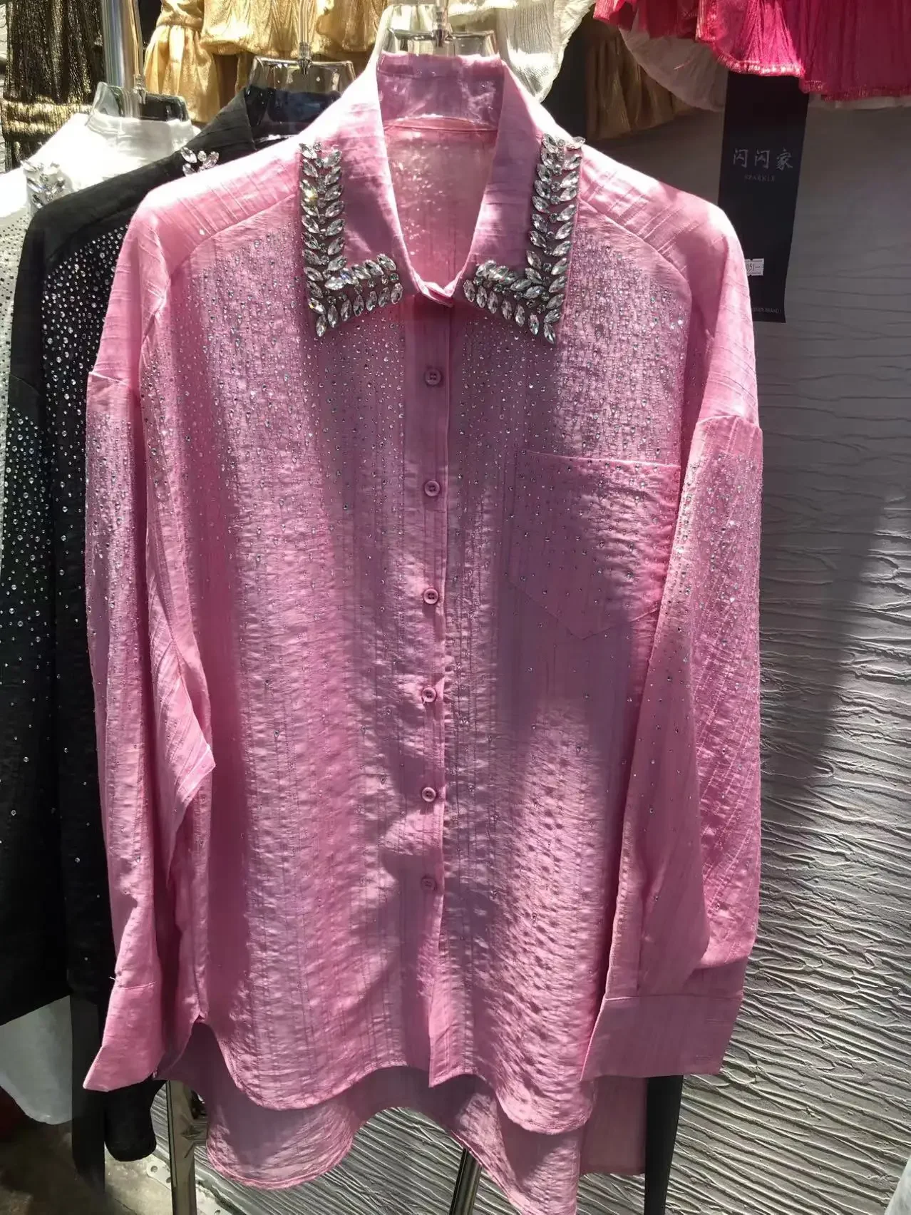 Luxury Exquisite Stitch Diamond Hot Drilling Oversized Shirts and Blouses For Women 2024 Spring Summer Long Sleeve Tops Blusas