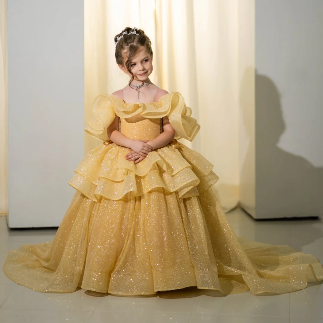 

Customized Flower Girl Dresses Gold Tiered With Bow Short Sleeve For Wedding Birthday Party Prom Banquet Princess Gown