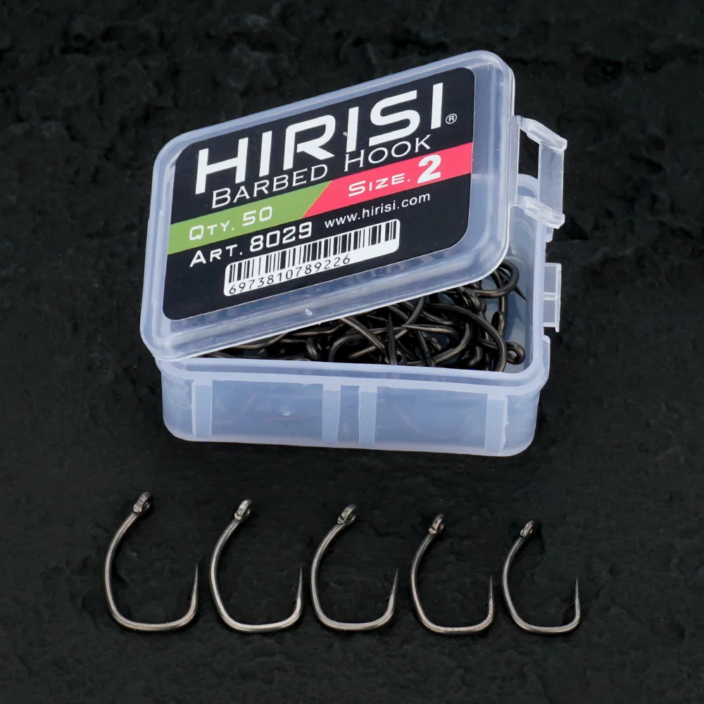 Hirisi 50 Stück PTFE-beschichtete Karpfen-Angelhaken mit Öse, Mikro-Stachel, Kohlenstoffstahl 8029, Angelzubehör, spleißbare Box