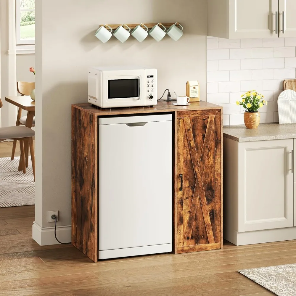 Mini Fridge Cabinet with Storage, Coffee Bar Cabinet with Power Outlet, Fits 24" Wine Fridge, 3-Tier Organizer, Refrigerator