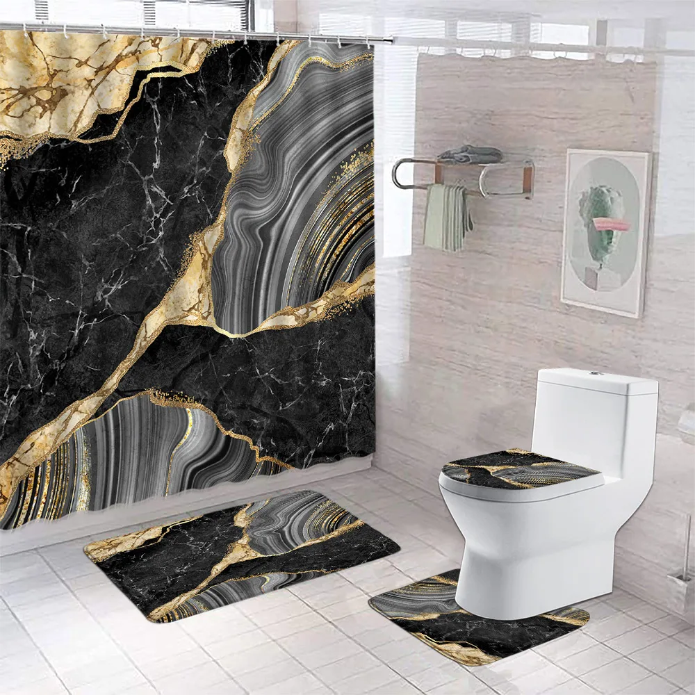 Black Marble Shower Curtain And Rug Shower Curtain Set Luxury Gold Textured Art Hanging Curtain Toilet Seat Cover Bathroom Decor