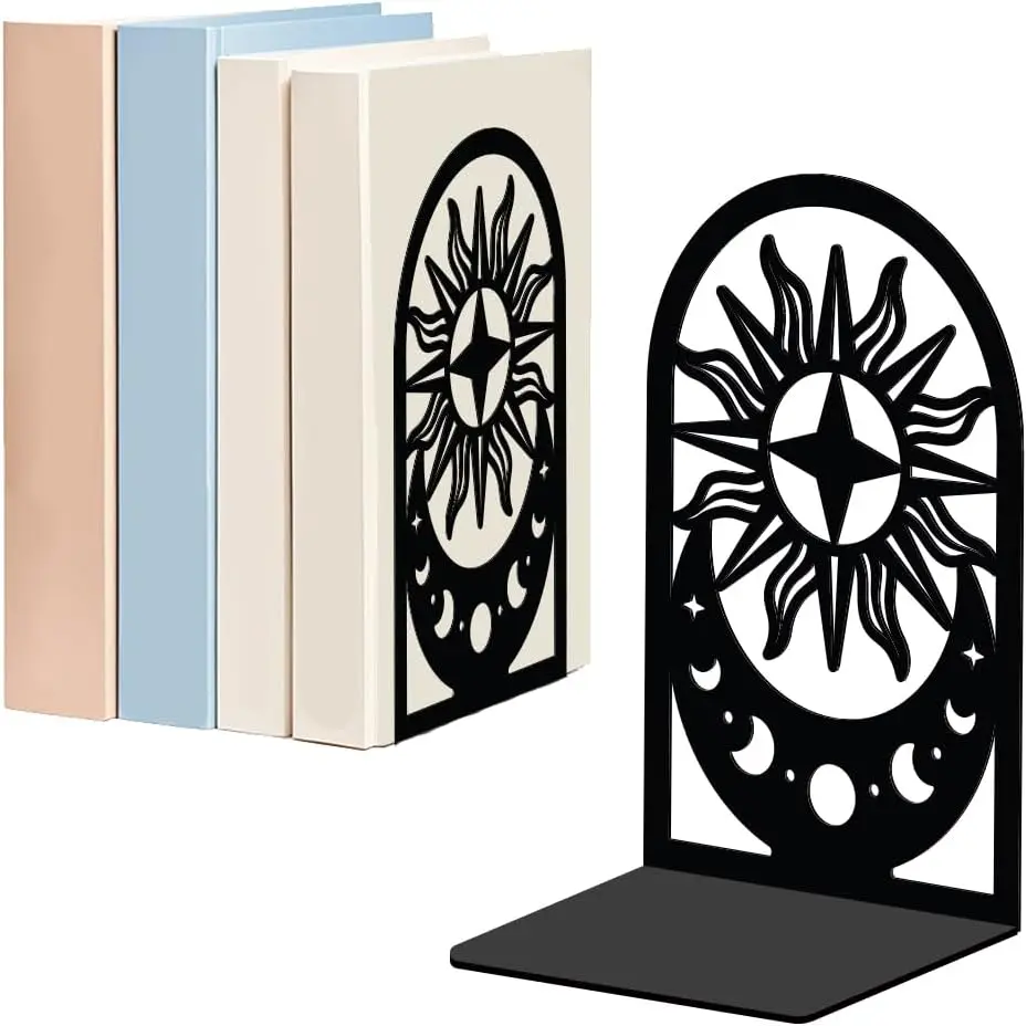 Moon Sun Metal Bookends Heavy Duty Books End Support Non-Skid Book Holders Black L-Shaped Book Stopper for Home Office Desk
