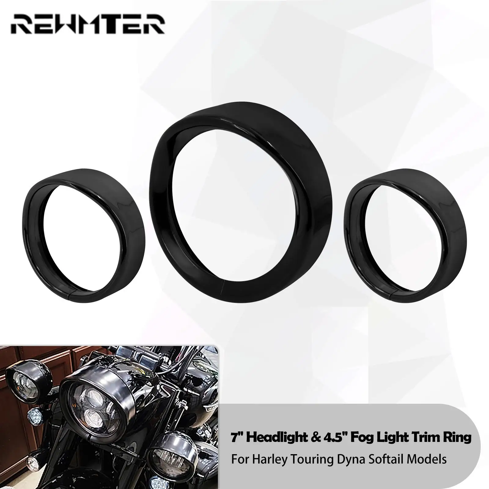 

Motorcycle Gloss Black 7" LED Headlight Bezel Visor 4.5" Fog Lamp Trim Ring For Harley Touring Electra Street Glide Softail FLHR