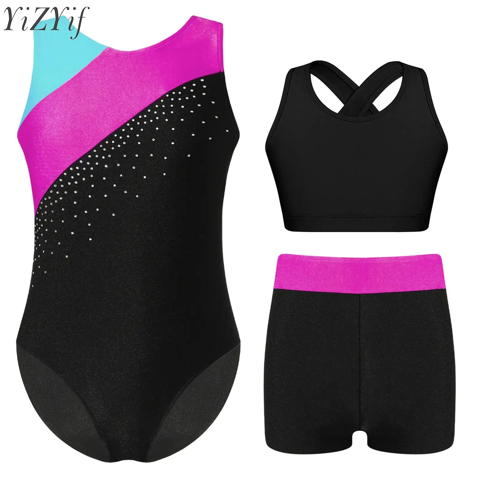 

Kids Girls Sports Tracksuit Ballet Dance Sets Sleeveless Rhinestone Gymnastics Dance Leotards Keyhole Back Bra Top with Shorts
