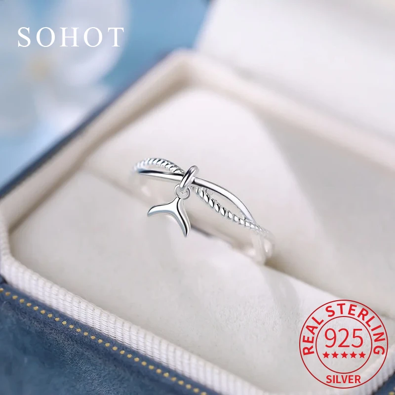 

Real 925 Sterling Silver Adjustable Charm Fish Tail Ring for Fashion Women Cute Light Luxury Fine Jewelry Animal Accessories