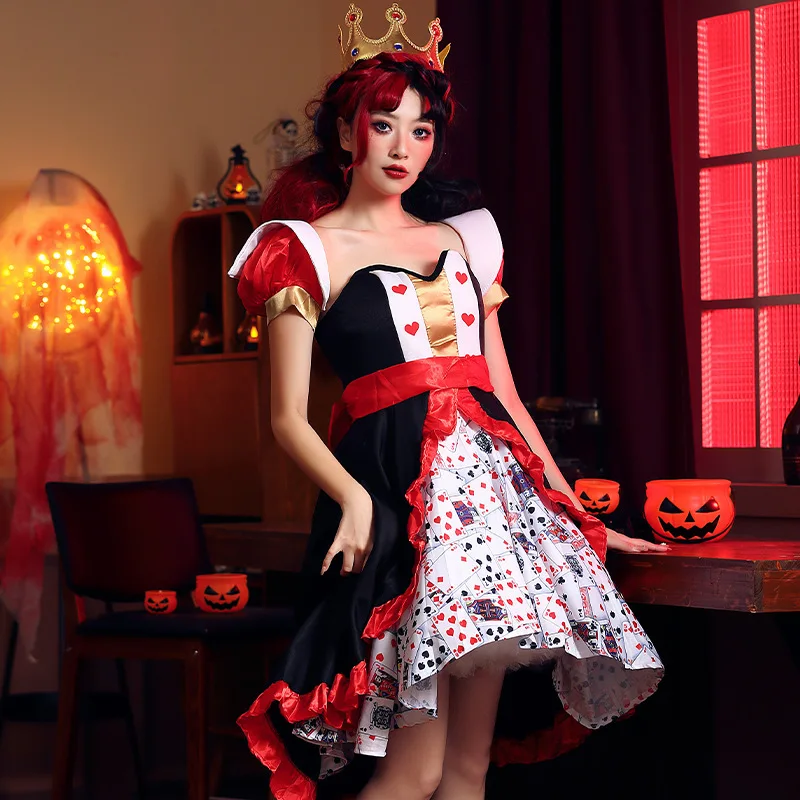 YOUDEYISI Halloween Costume Red Queen Poker Printed Dress, Alice in Wonderland Peach Heart Queen Character Performance Dress