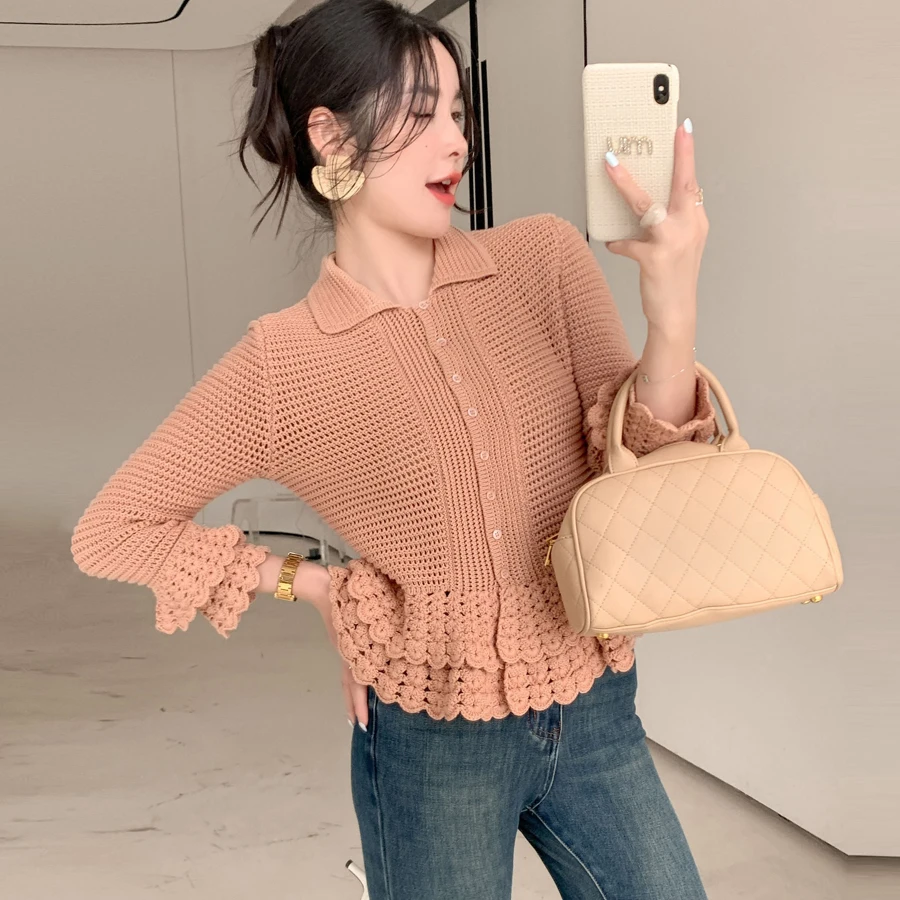 

Chic Early Autumn New Sle Knitted Sweater Women's Long Sve Hollow out Bordered Bell Sve Turn-down Collar Faion Set