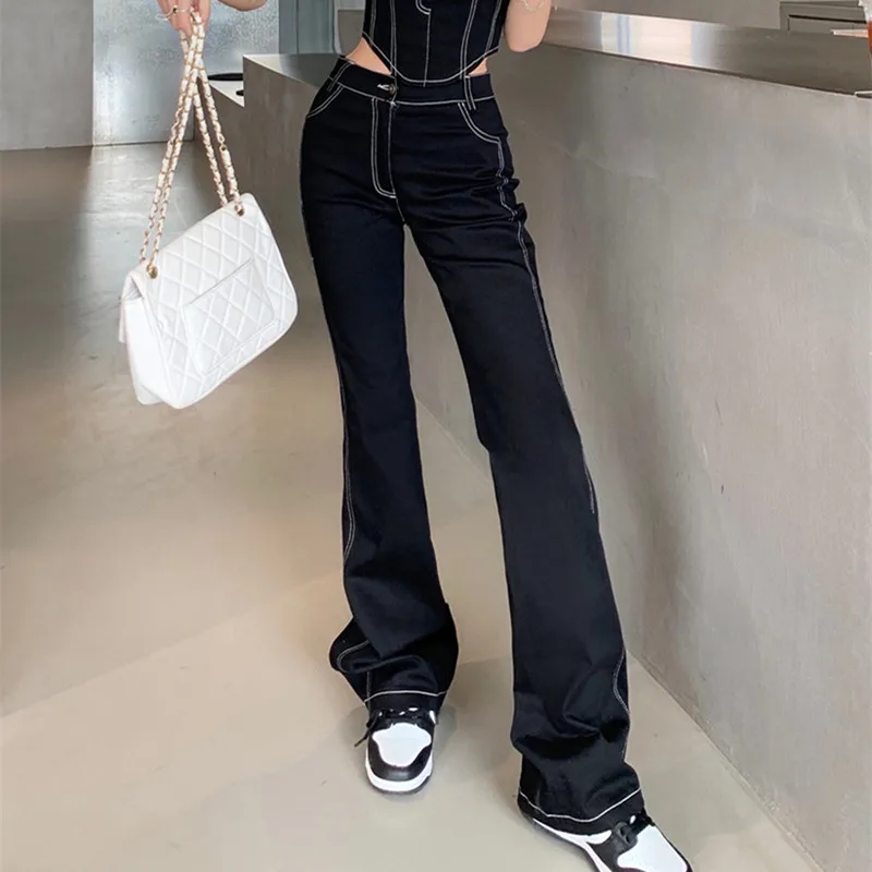 2024 Spring Flare Jeans For Women Line Denim Straight Pants Jeans Full Length Female Trousers Jean Sleeveless Sexy Vest 4530