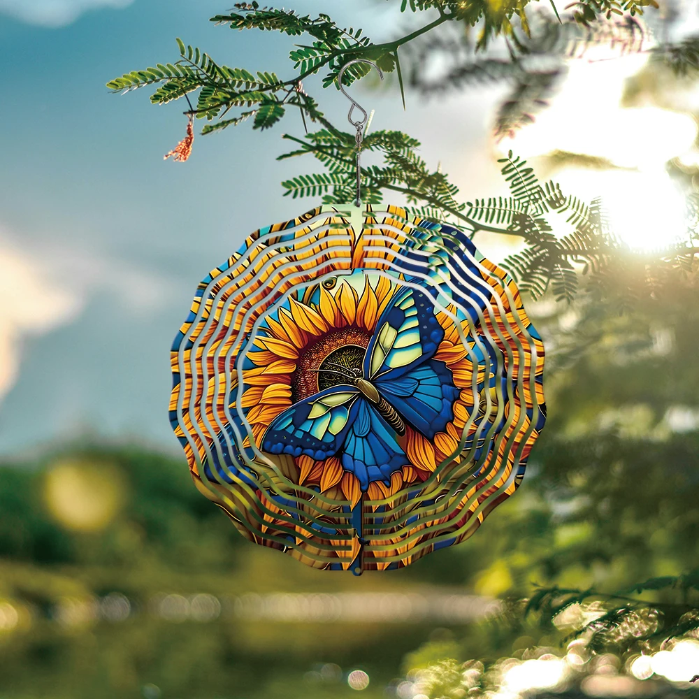 

1PC 30.5X30.5cm Butterfly Lying On Sunflowers Steel 3D Rotating Wind Spinner Pendant With Swivel Hook Natural For Balcony Decor