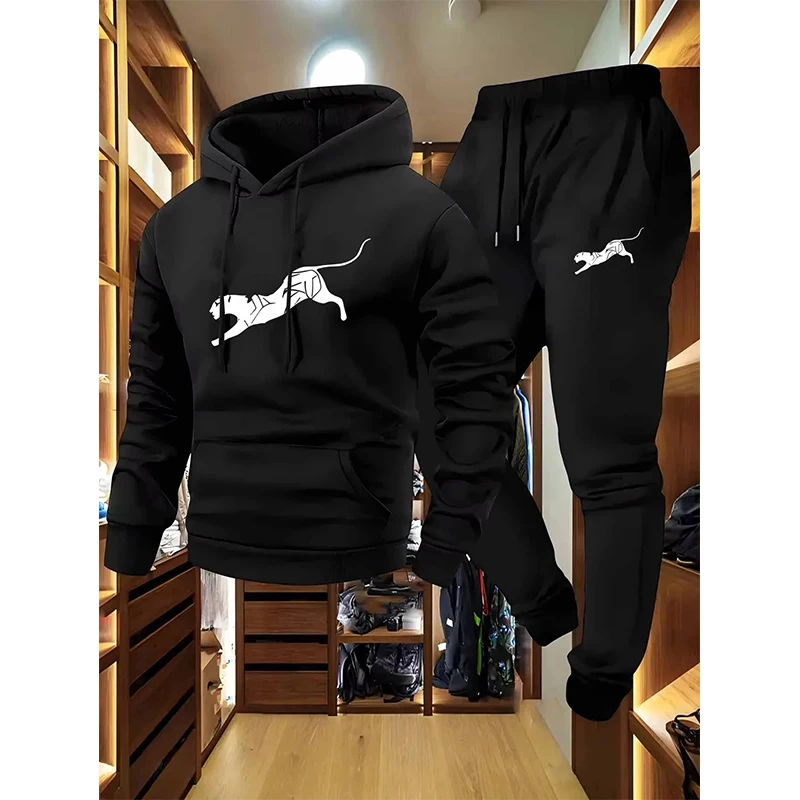 

Men's Geometric Print Hoodie And Black Joggers Set Casual Sportswear with Pockets Stylish Red Sweatpants for Comfortable Wear