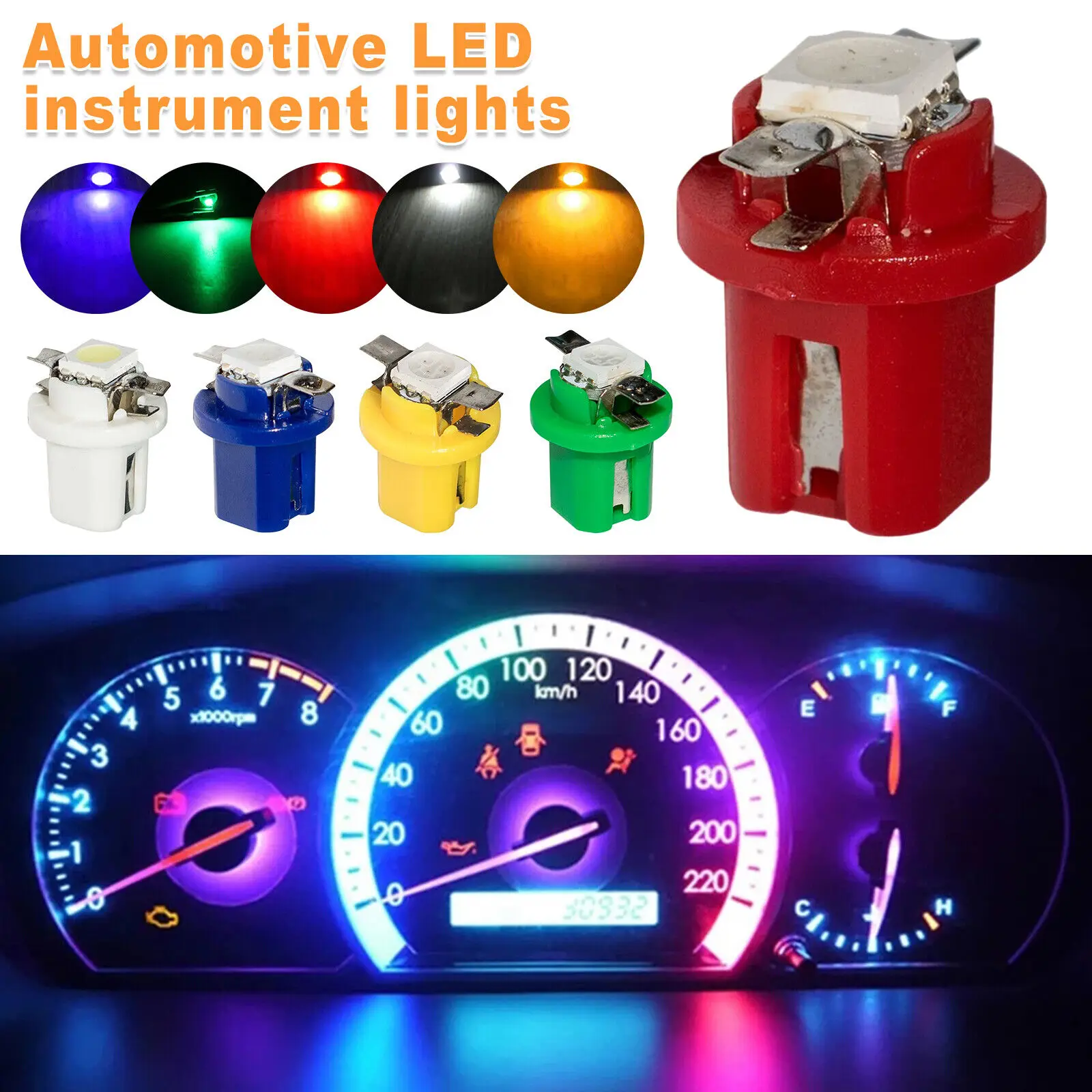 

10 шт. T5 B8.5D 5050 SMD автомобильные светодиодные лампы для приборной панели, аксессуары, авто светодиодные белые, синие, красные, зеленые лампы постоянного тока 12 В