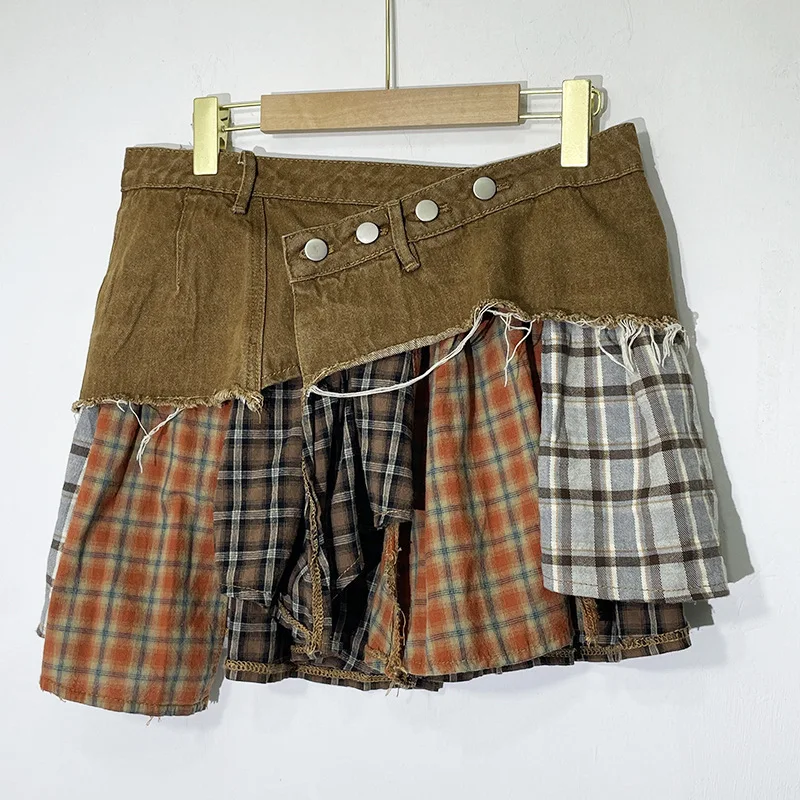 ANJY Sommer Neue frauen Ins Nische Design Flut Unregelmäßigen Plaid Patchwork Denim Kurzen Rock Trend Hip-Hup Streetwear röcke A14758