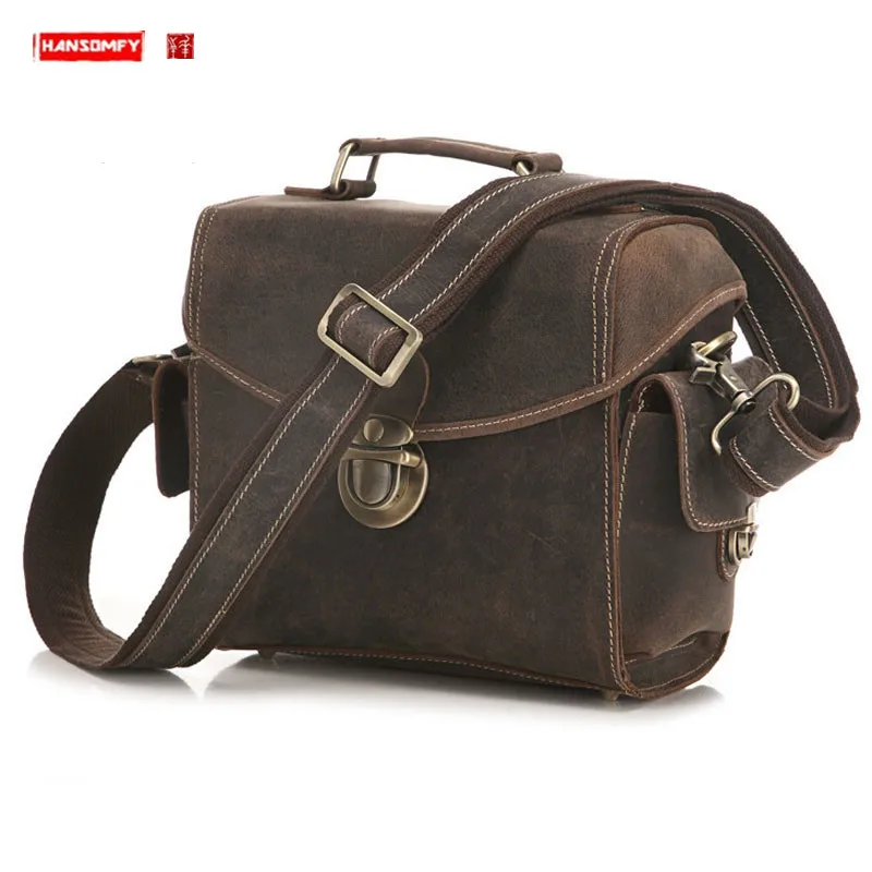 Bolsa de couro genuíno para homens, bolsa masculina, bolsa de ombro, fivela, crossbody, sacos mensageiro, retro, cavalo louco, vintage, macio