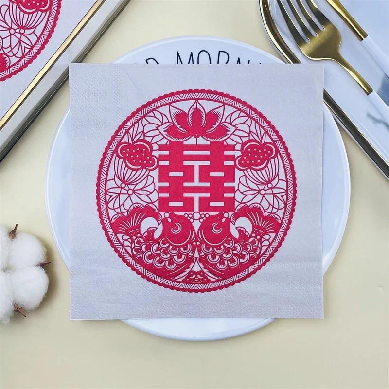 Red festive koi carp paper cutting pattern printed napkins creative decoration virgin wood pulp facial napkins 2-ply 20pcs/Pac