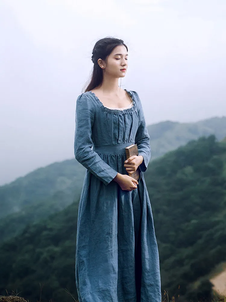 TIYIHAILEY Spring Autumn Linen Women Blue Dress Full Sleeve Long Mid-Calf Ladies S-XL Vintage High Waist 2026 Square Collar