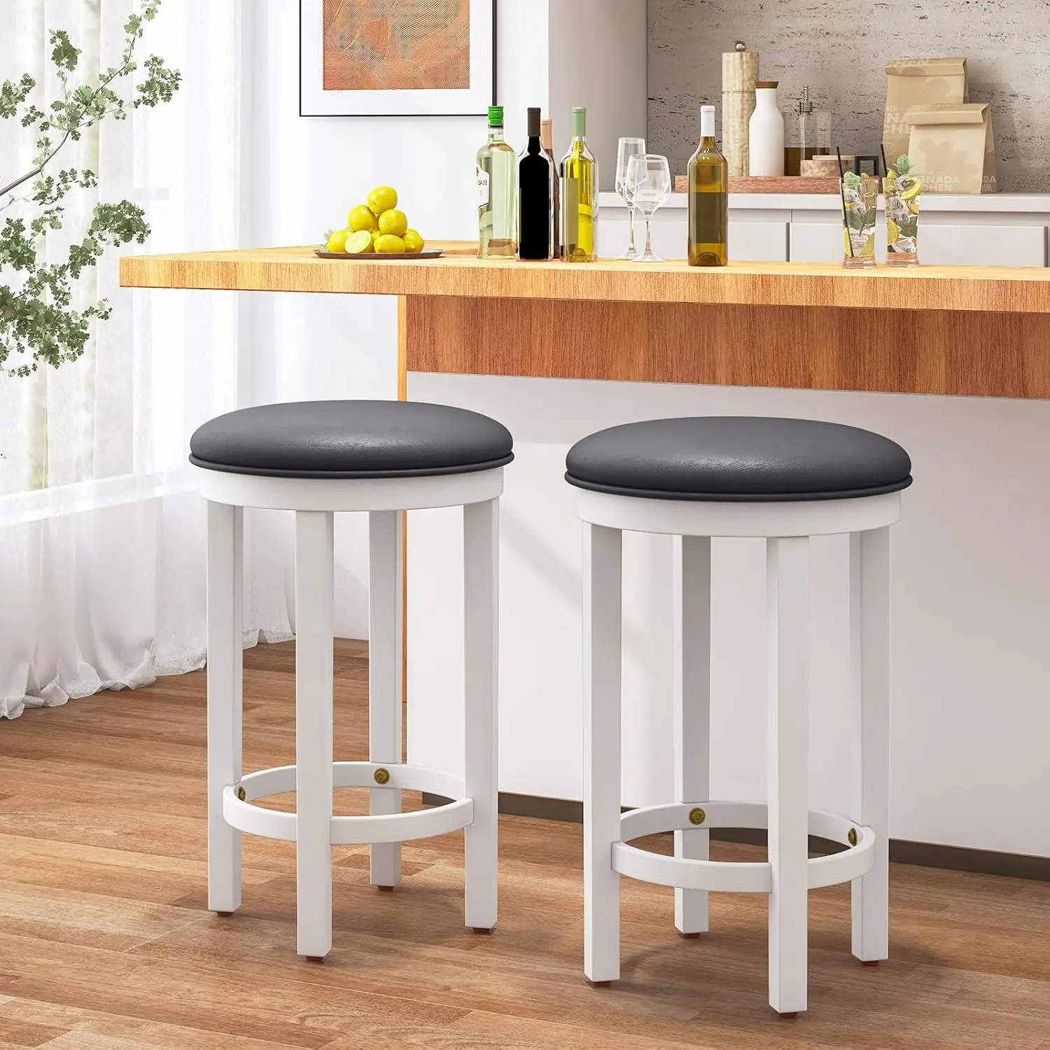 Costway Upholstered Bar Stools Set Of 4, 25” Counter Height Bar Chairs With Padded Cushion & Wooden Frame, Faux Leather