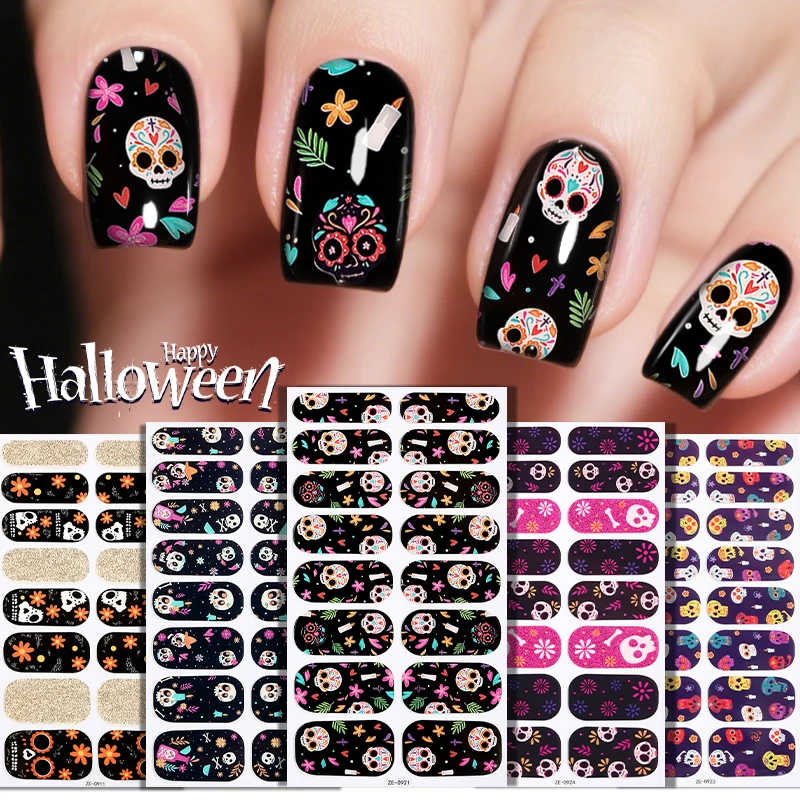 16tips Halloween Baking-Free Nail Stickers Skeleton Spider Pumpkin Adhesive Nail Strips Patch Slider Full Cover Nail Decoration