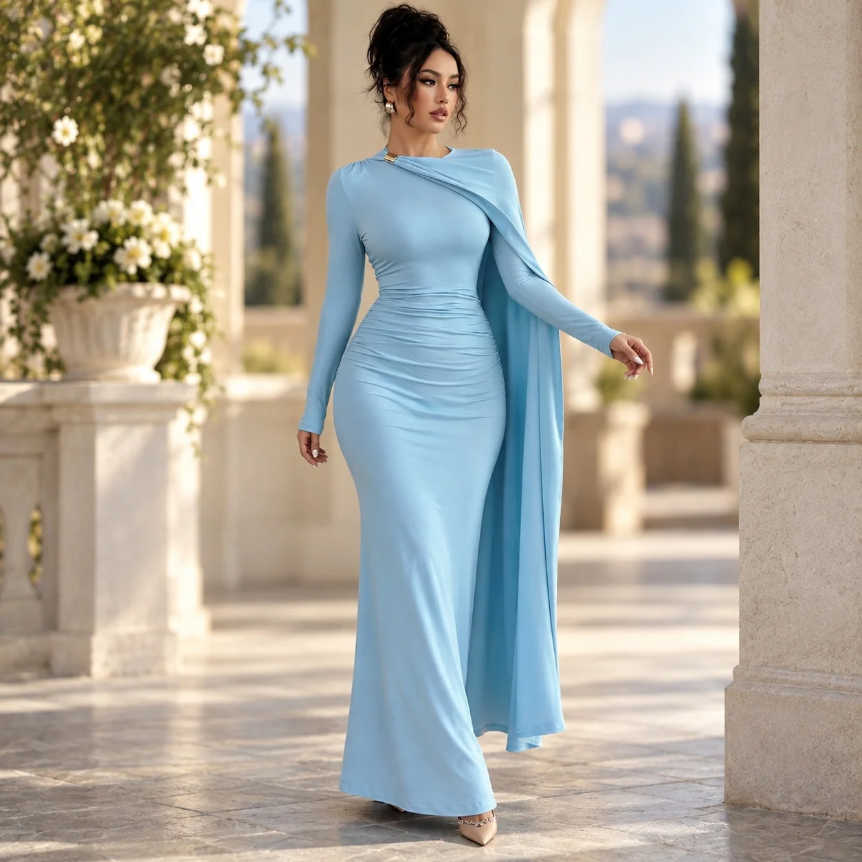 Hooded Long Sleeve Dress Asymmetrical Literary Retro with Regular Sleeve Asymmetrical Neckline Mid Waist Chinese Style for Women