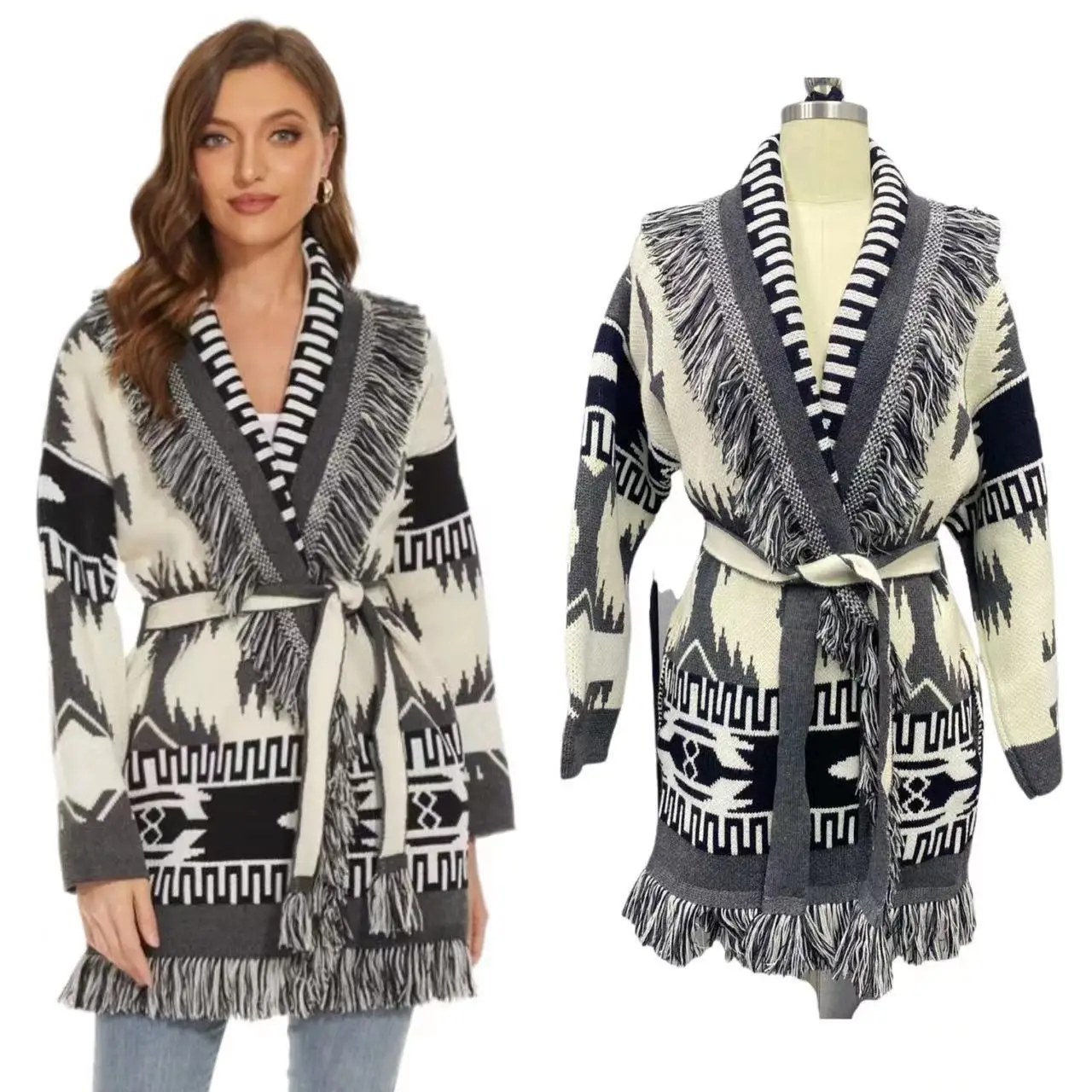 Fashion Bohemian Winter Women's Jacquard Pattern Cashreme Wool Cardigan Tassel Oversize Sweater  Female Coat 2023