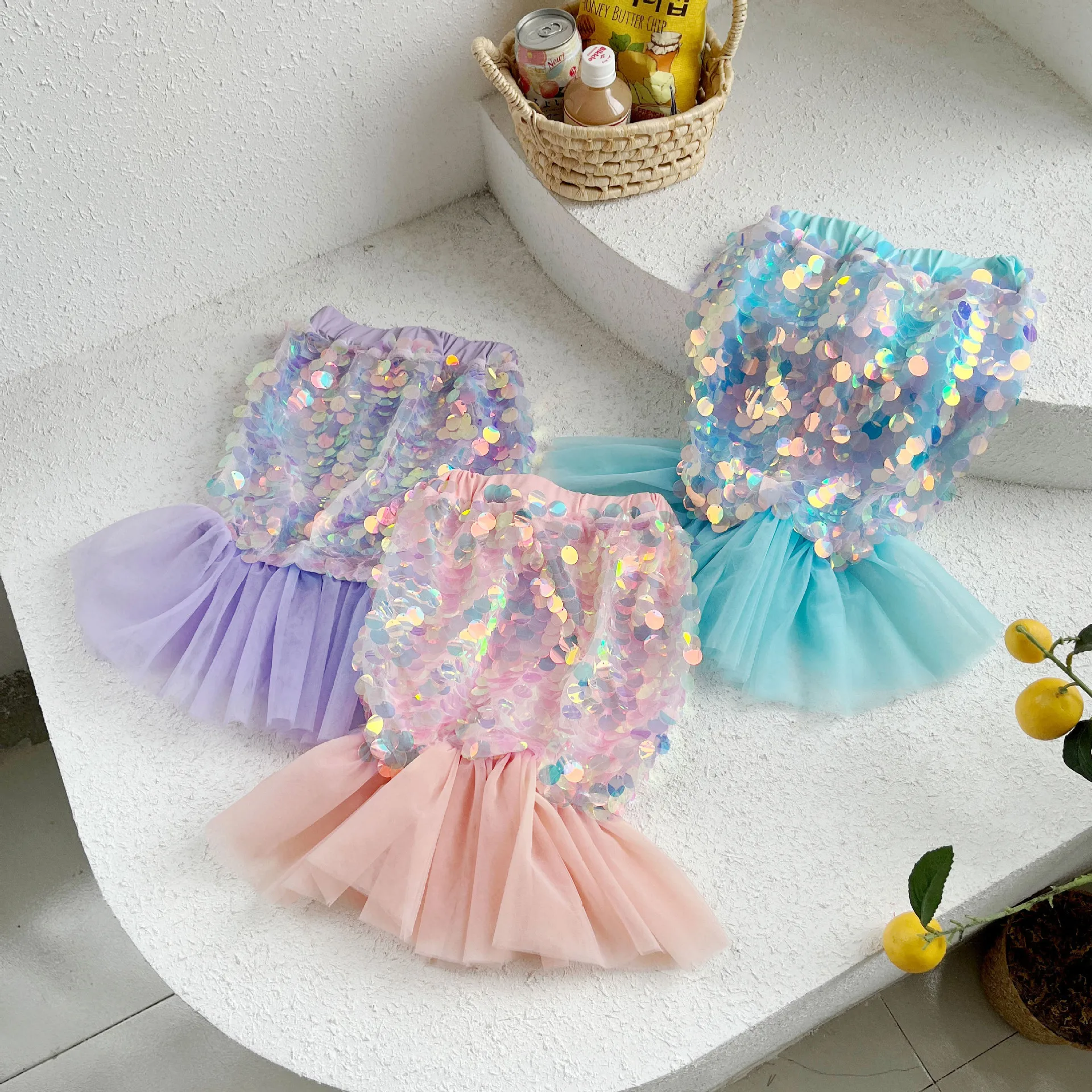 3-8T Sequin Mermaid Skirt for Girl Elegant Summer Toddler Kid Baby Girl Clothes Mesh Party Club Princess Skirt Outfit