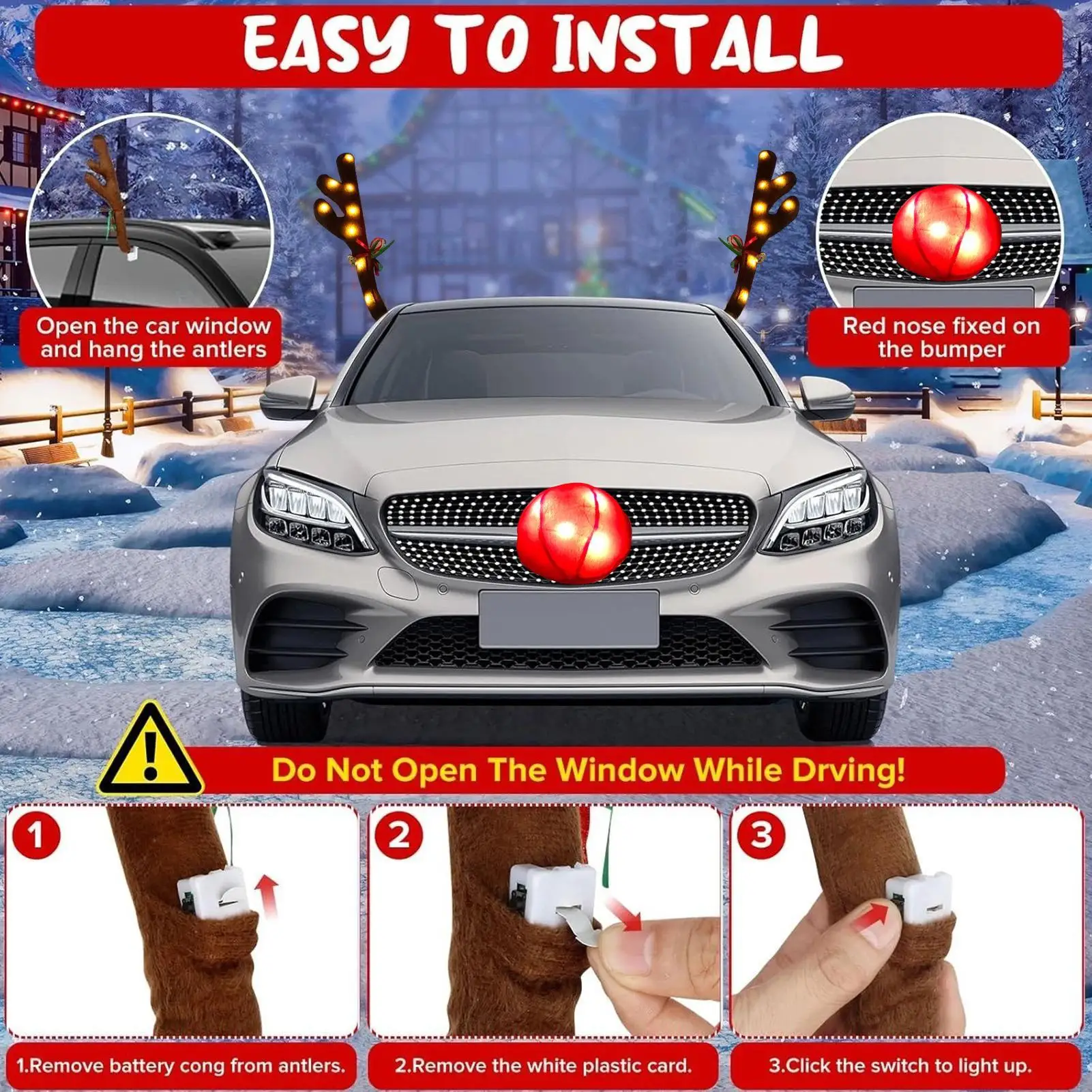 Car Antlers For Christmas With Jingle Bells Cute LED Photo Props Nose Christmas Reindeer Decor For Travel Daily Special