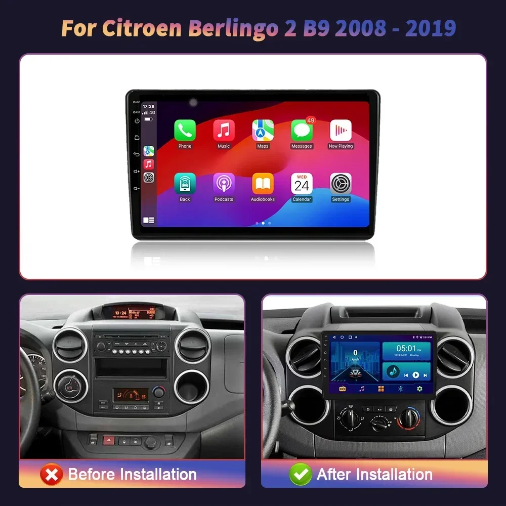 Android 14 Carplay Auto For Citroen Berlingo 2 B9 2008-2019 Car Radio Multimedia 5G Wifi GPS Navigation Head Unit Touch Screen