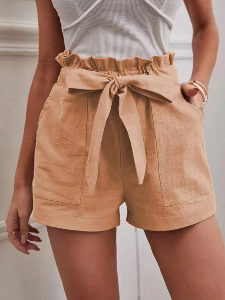 Short en Lin pour Femme, Pantalon à Jambes Larges et Taille Haute, Décontracté, avec Poches, Couleur Unie, Nouvelle Collection Été 2024