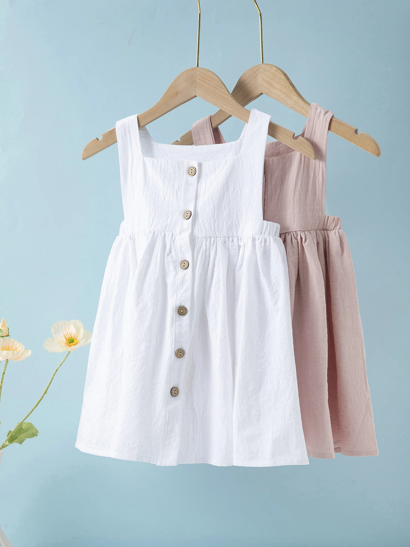 Summer kids clothes solid color suspender girl frocks linen cotton sleeveless summer dress