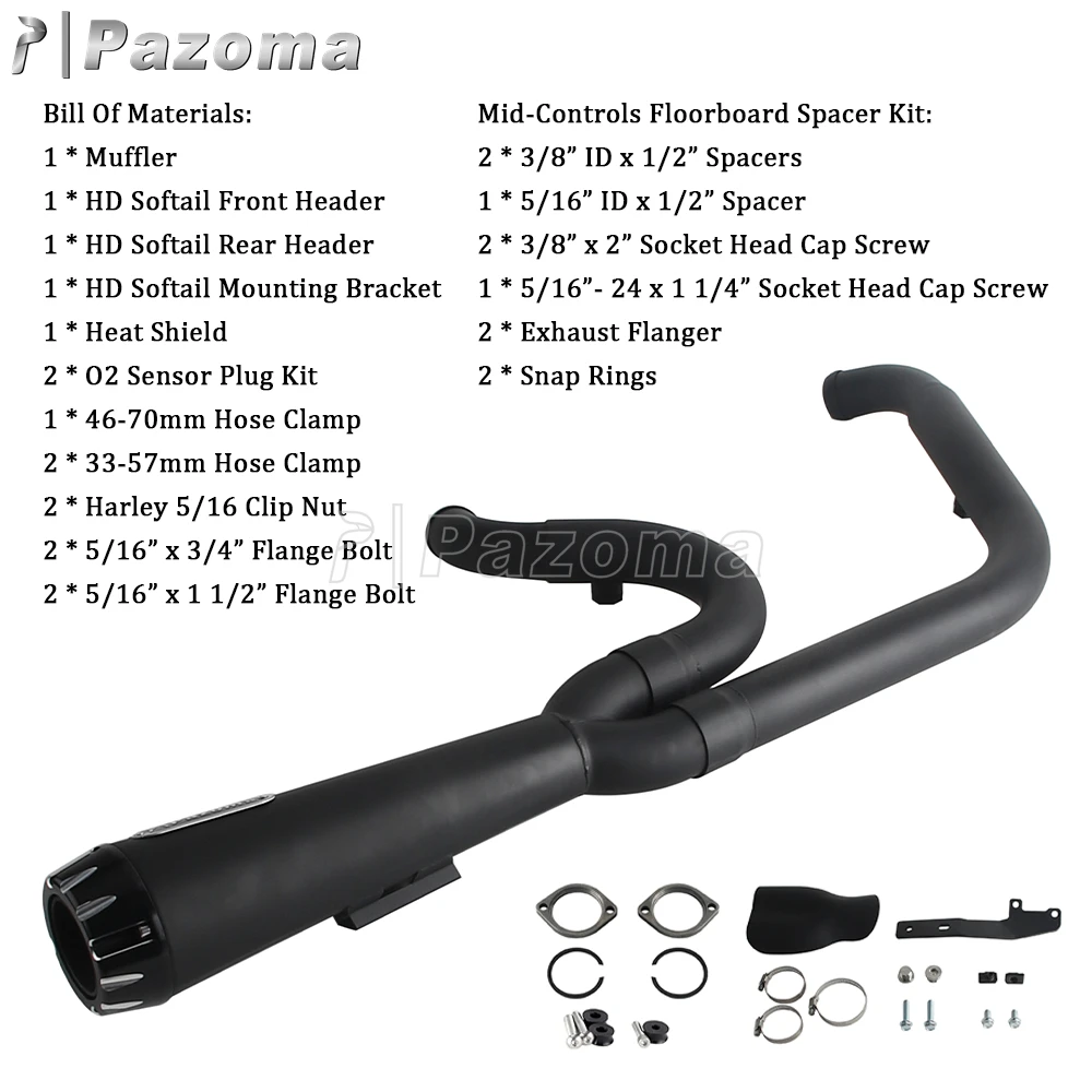 PAZOMA 2-into-1 Full Systems Exhaust Motorcycle Complete Muffler For Harley Softail Low Rider Street Bob Standard FXST 2018-2025