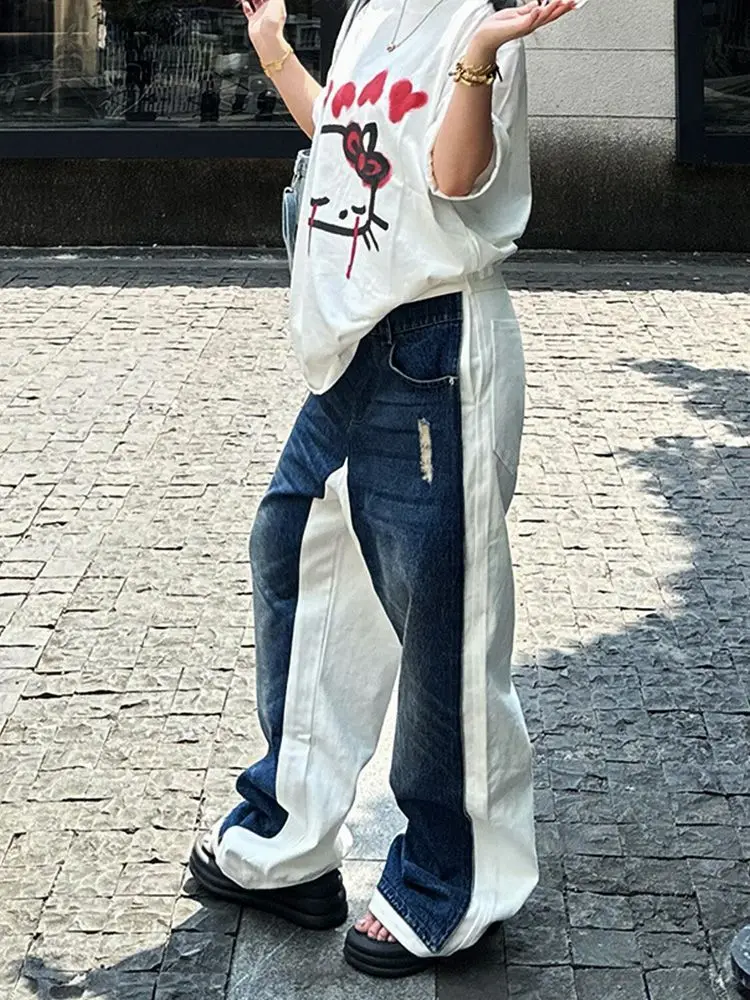 여성 빈티지 Y2k 배기 진 2025 가을 화이트 블루 패치워크 하라주쿠 데님 바지 일본 2000년대 그런지 청바지 의류