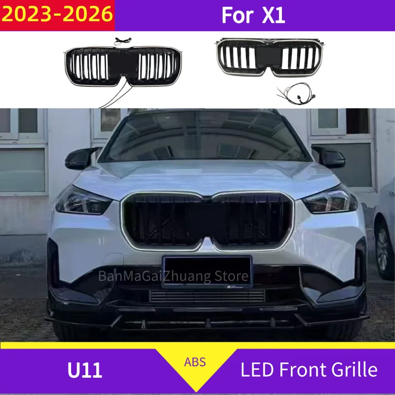 Calandre avant LED illuminée pour BMW X1 U11 2023-2026, double ligne simple, 2 lames, ABS noir brillant