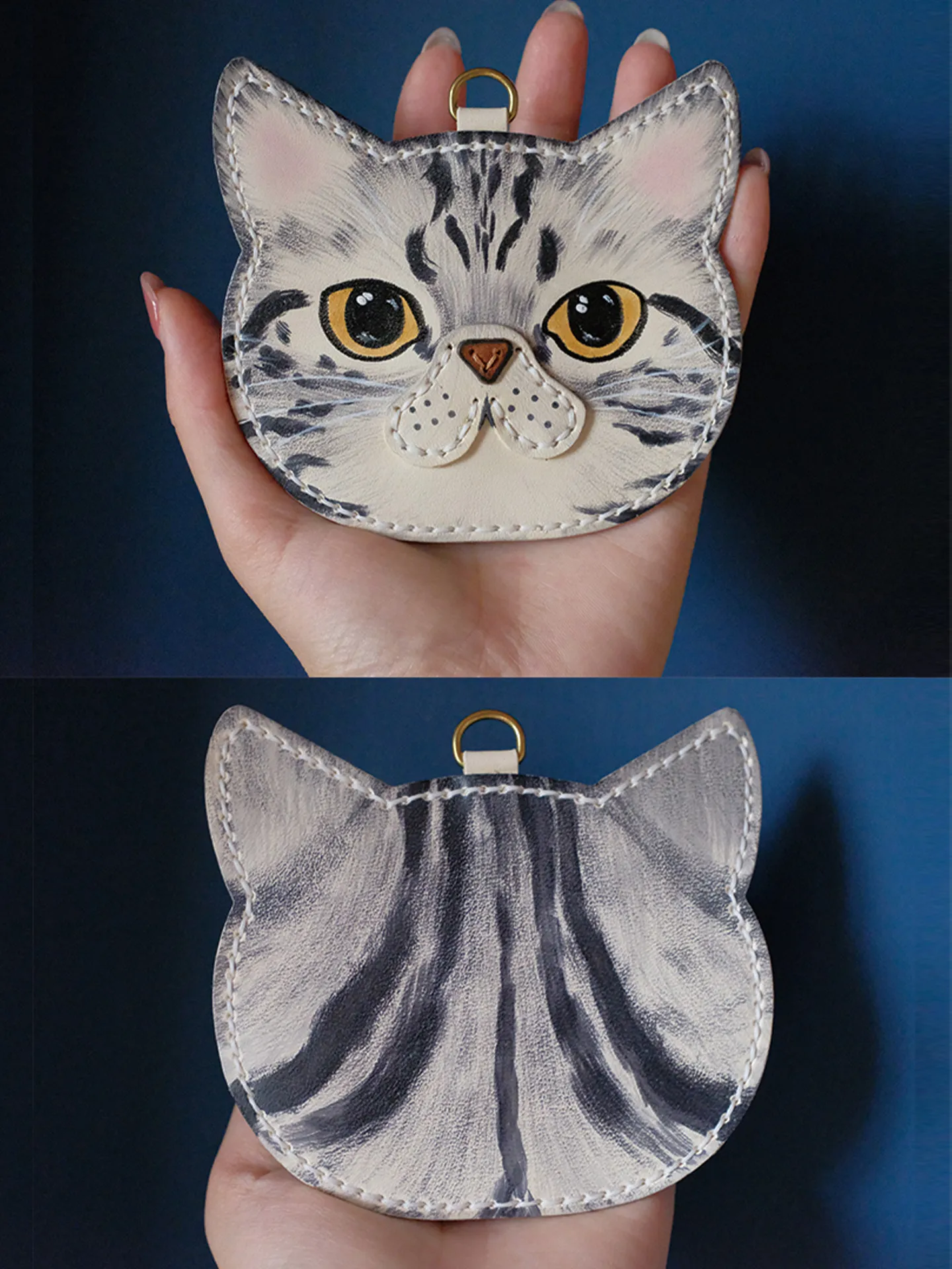 Handmade genuine leather hand-dyed and painted wax thread sewn cat card bag card set lovely vegetable tanned cowhide customized