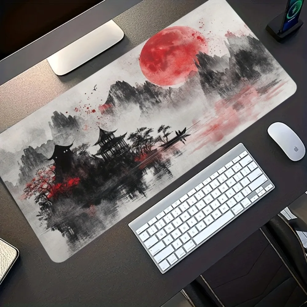 Red moon landscape ancient pavilion with ink-washed style pattern on rubber base laptop accessories love and deepspace