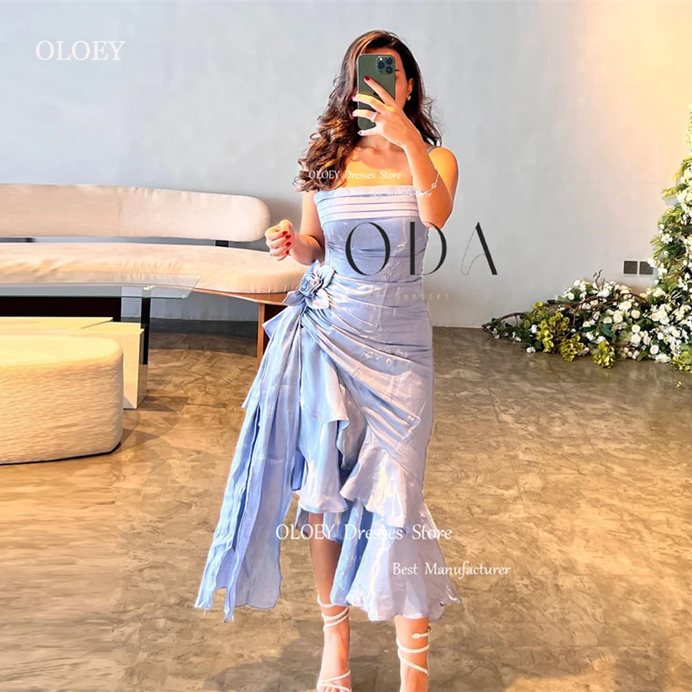 

OLOEY 2024 Light Blue Silk Evening Dresses Saudi Arabic Women Strapless Split Tea Length Prom Gowns Formal Party Dress