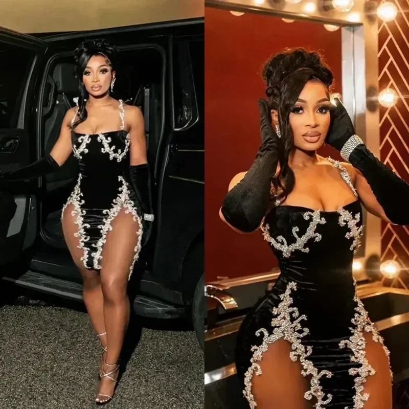 

Черное бархатное мини-вечернее коктейльное платье, роскошное короткое платье-спагетти с кристаллами на заказ, вечернее платье для выпускного вечера на день рождения