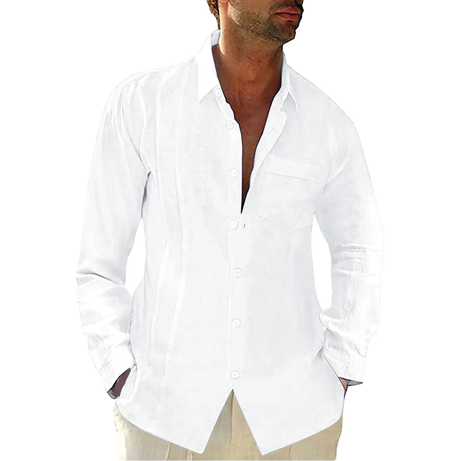 

Cotton Linen Breathable Loose Thin Shirts For Men Solid Color Turn Down Collar Long Sleeve Pocket Single Breasted Shirt Tops