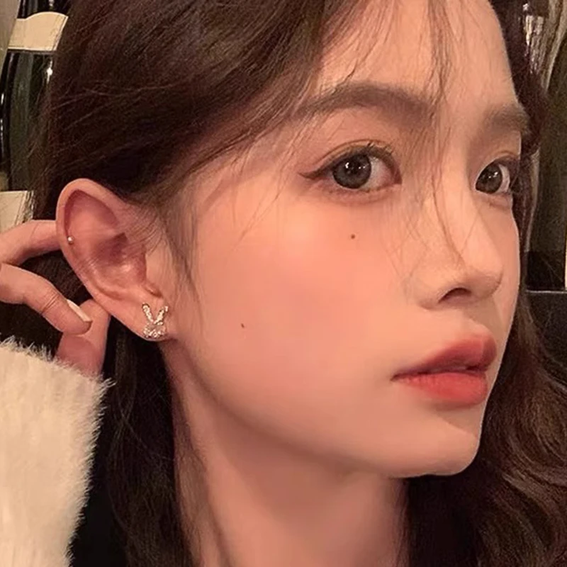 Huitan Chic Rabbit Ears Shaped Stud Earrings for Women Dainty Cubic Zirconia Earrings Exquisite Party Gift New Trendy Jewelry