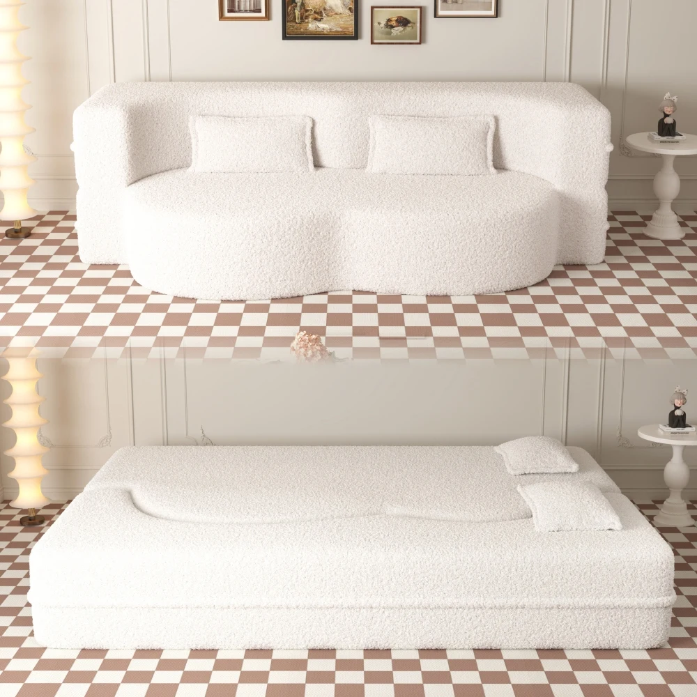 

78" Modern Floor Sofa with 2 Pillows, Convertible Teddy Fabric Foam-Filled Sleeper Sofa Bed, 15" Full Size Folding Mattress