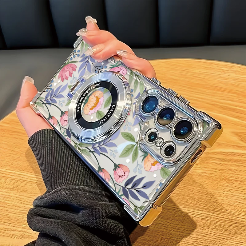 S26 Ultra Shockproof Plating Phone Case For Samsung Galaxy S26 Edge S26+ S25 FE S24 Plus Stand Holder Flower Leaves Print Cover