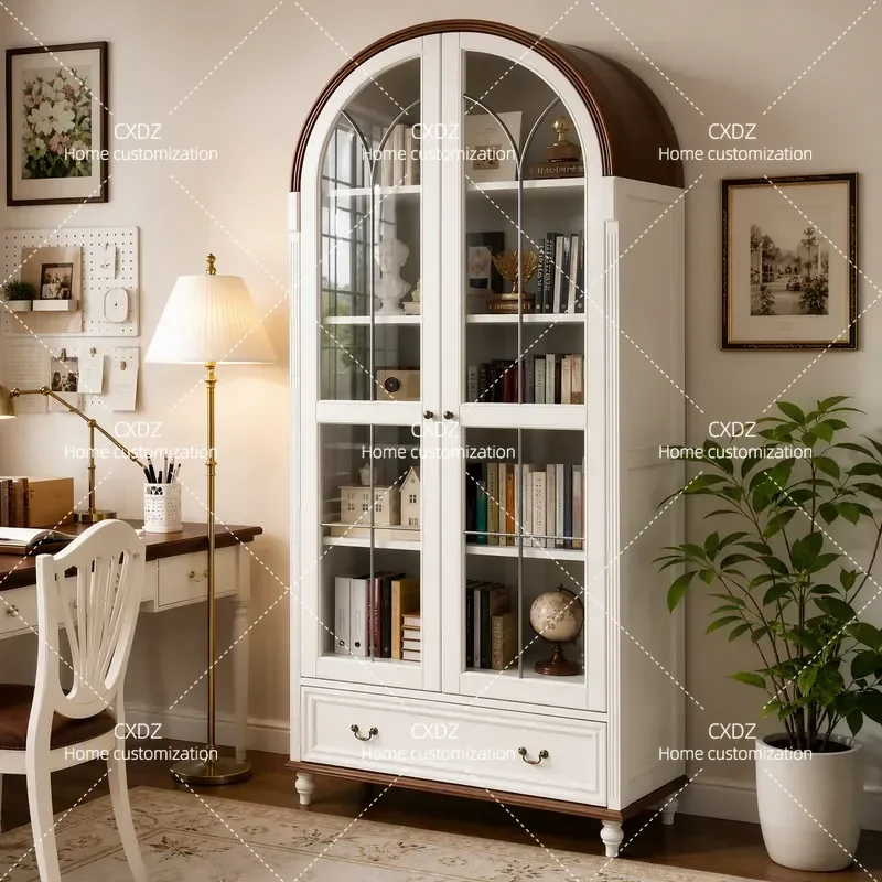 80cm Solid Wood Arched Glass Door Bookcase Dust Proof Display Shelf Retro American Country Style Living Room Storage Cabinet