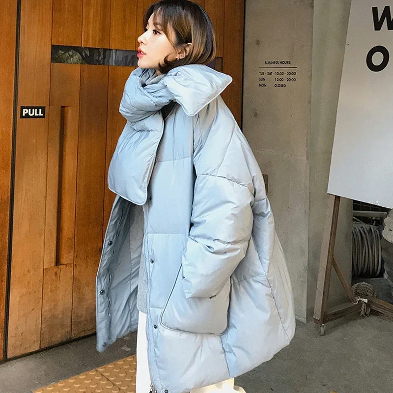 Women White Duck Down Coat 2024 Winter New Fashion Female Scarf OverSize Jackets Round Neck Loose Thicken Parkas Warm Outwear