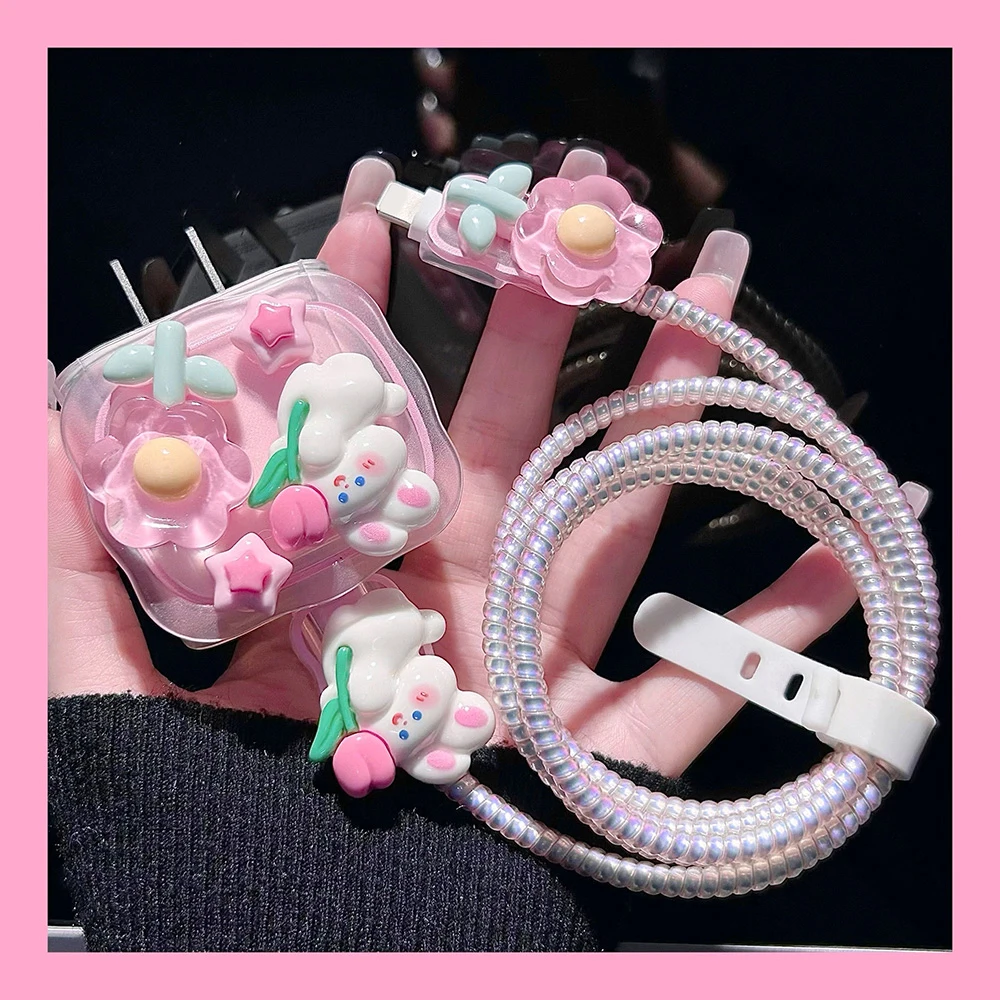 Cartoon Rubbit Flower Charging Cable Protective Case For iPhone 18W/20W Charger Data Cable Anti-break Charger Protective Rope