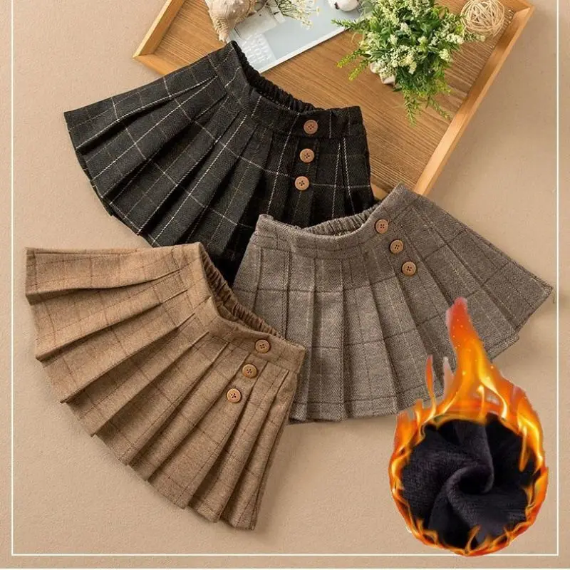 Girls Winter Dress Kids Fashion Plaid Pleated High Waist A-Line Skirt Children Casual Elastic Waist Mini Skirt Bottoms