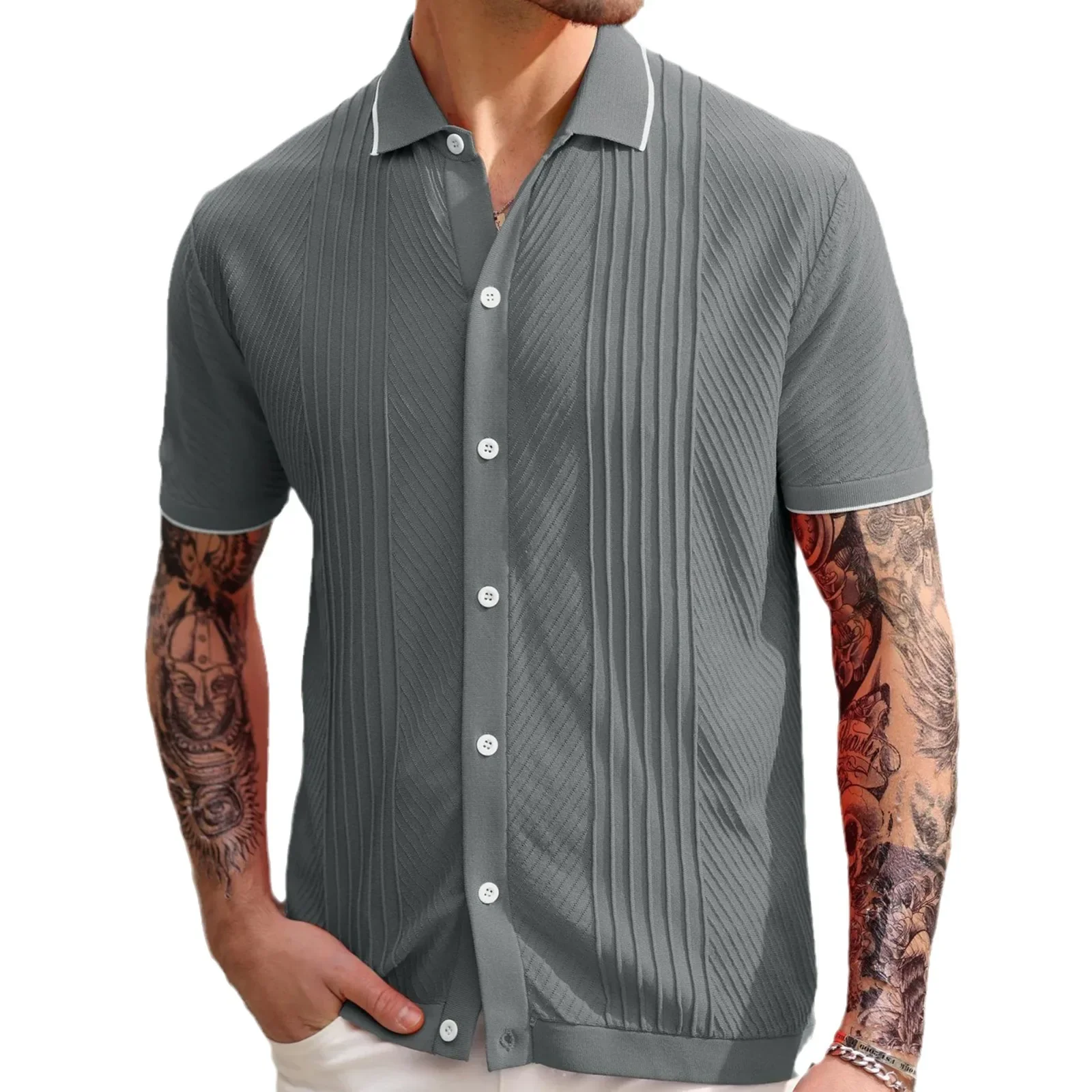 Summer New Men's Fashion Temperament Lapel Single Breasted Spliced Knitwear  Knit Short Sleeve Slim Business Polo Shirt M-3XL