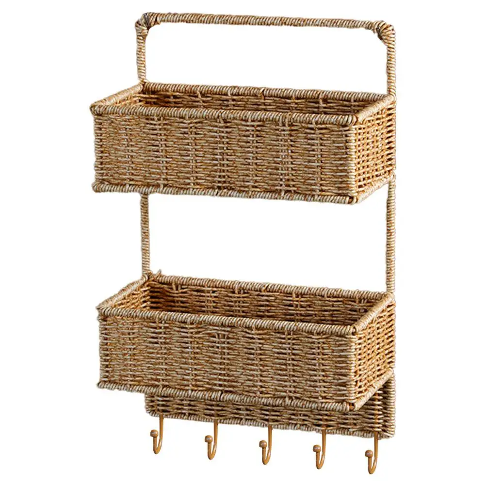 

Wall Shelf Basket Plastic Rattan Woven Storage Kitchen Fruit Vegetable Hanging Rack Baskets Wall Mount Bathroom Organizer