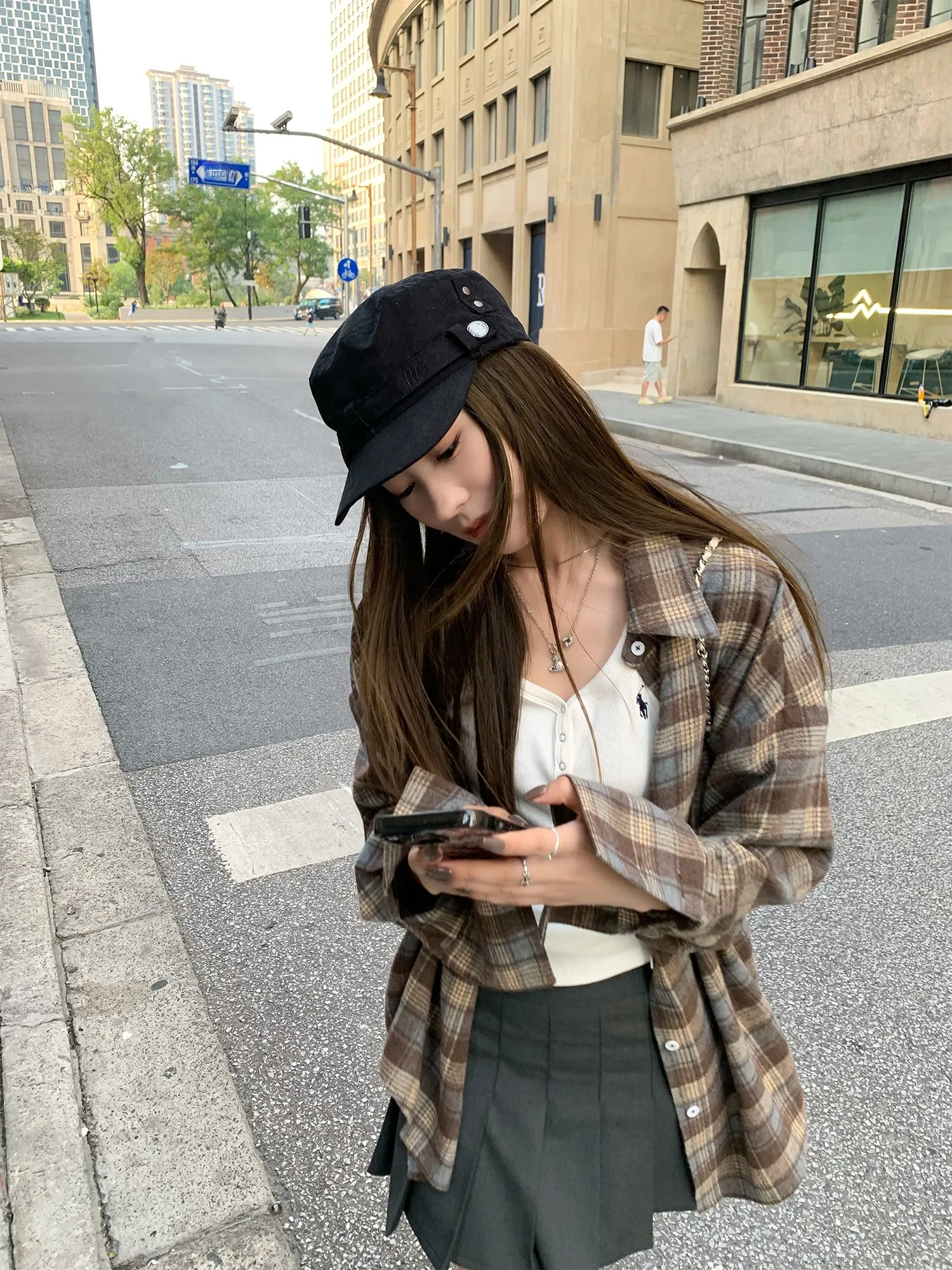 

Retro Plaid Oversize Long Sve irt Jaet Women's Faion Versatile Ci Girl Commute Sle Korean Loose Fit Autumn 2024