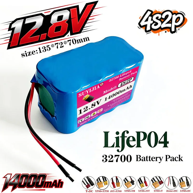 12.8V 14Ah LiFePO4 32700 4S2P Battery Pack with BMS Waterproof for Marine Outdoor Rechargeable Energy Storage.