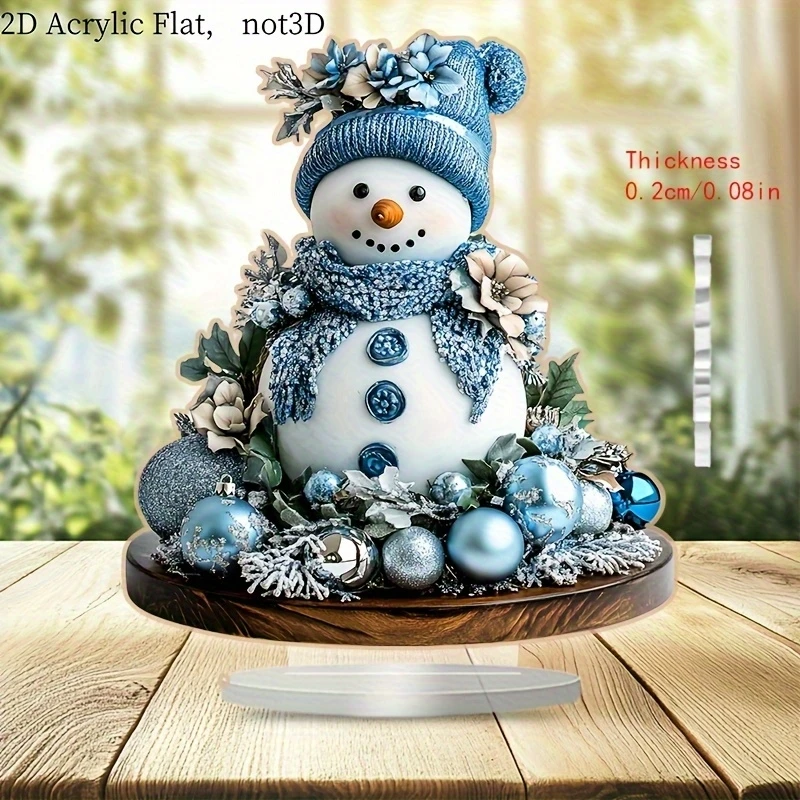 8in 2D Blue Acrylic Snowman Desktop Ornament with Snowflake Pattern Bohemian Style Office Christmas Gift Winter Wonderland Decor