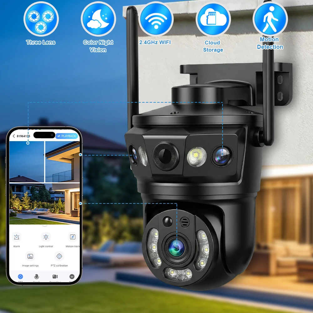 9mp-wifi-ipカメラ、三つのレンズ三つの画面、屋外ワイヤレスビデオ監視、人感検知、スマートホームcctvビデオカメラ、自動追跡、防水ptzセキュリティカメラ